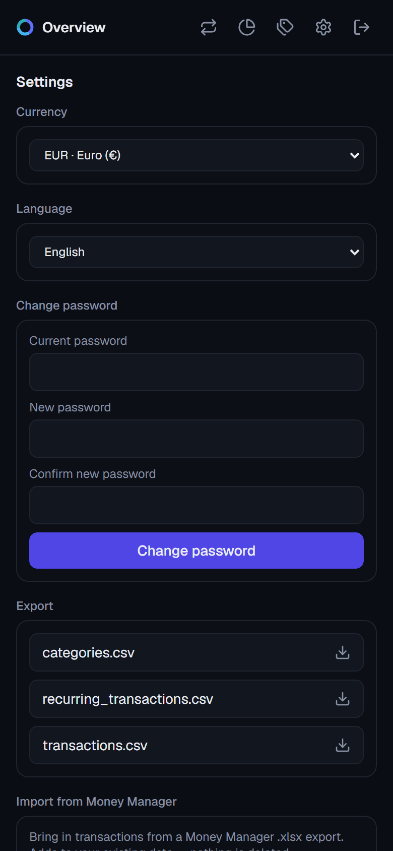 Settings page with CSV export links for categories, recurring transactions, and transactions, and an import form